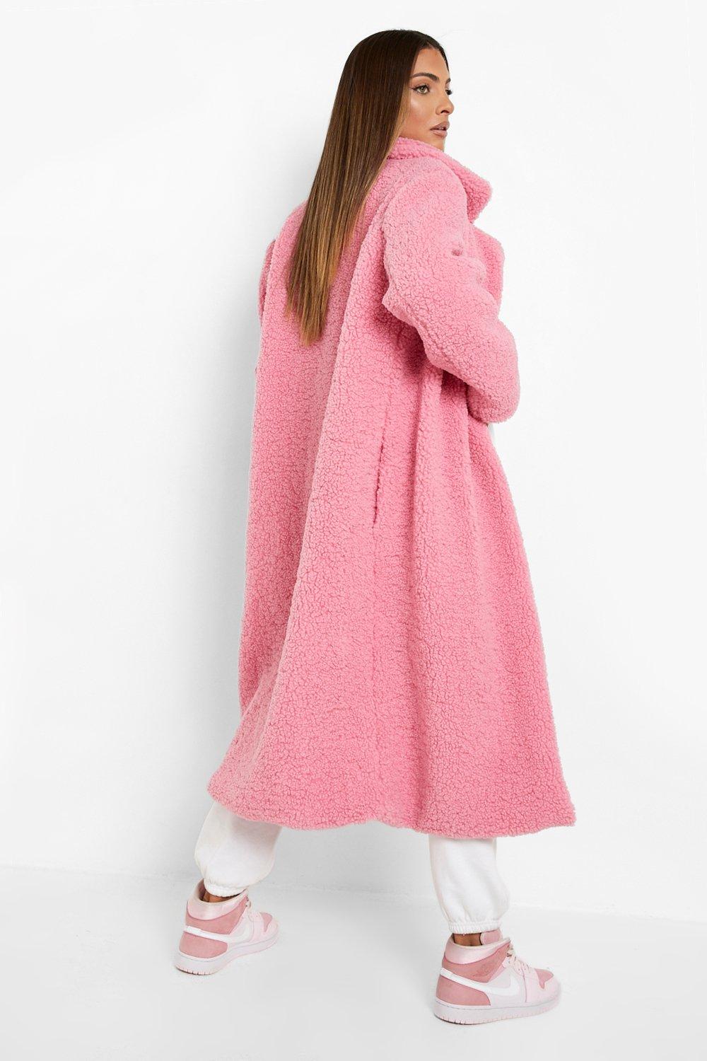 Boohoo pink teddy coat sale